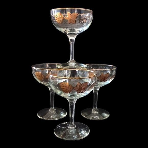 4 Libbey Gold Maple Leaf Champagne Glasses Cordial Wine Martini MAD MEN MCM - Picture 14 of 16